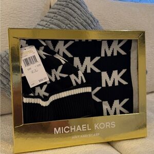 Michael Kors Black and White MK Logo Hat and Scarf